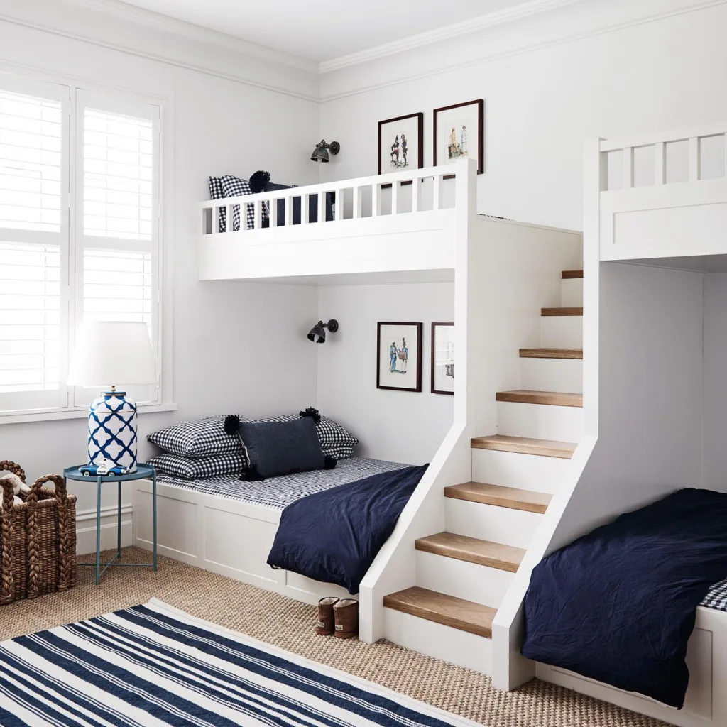 White And Navy Built-In Bunk Beds
