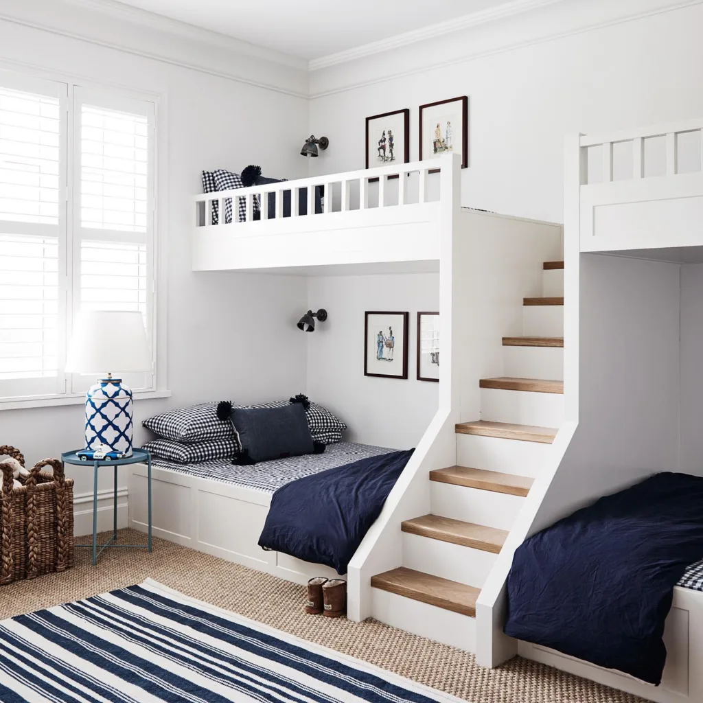 33 Built-In Bunk Beds To Upgrade Your Guest Rooms 15 White And Navy Built-In Bunk Beds