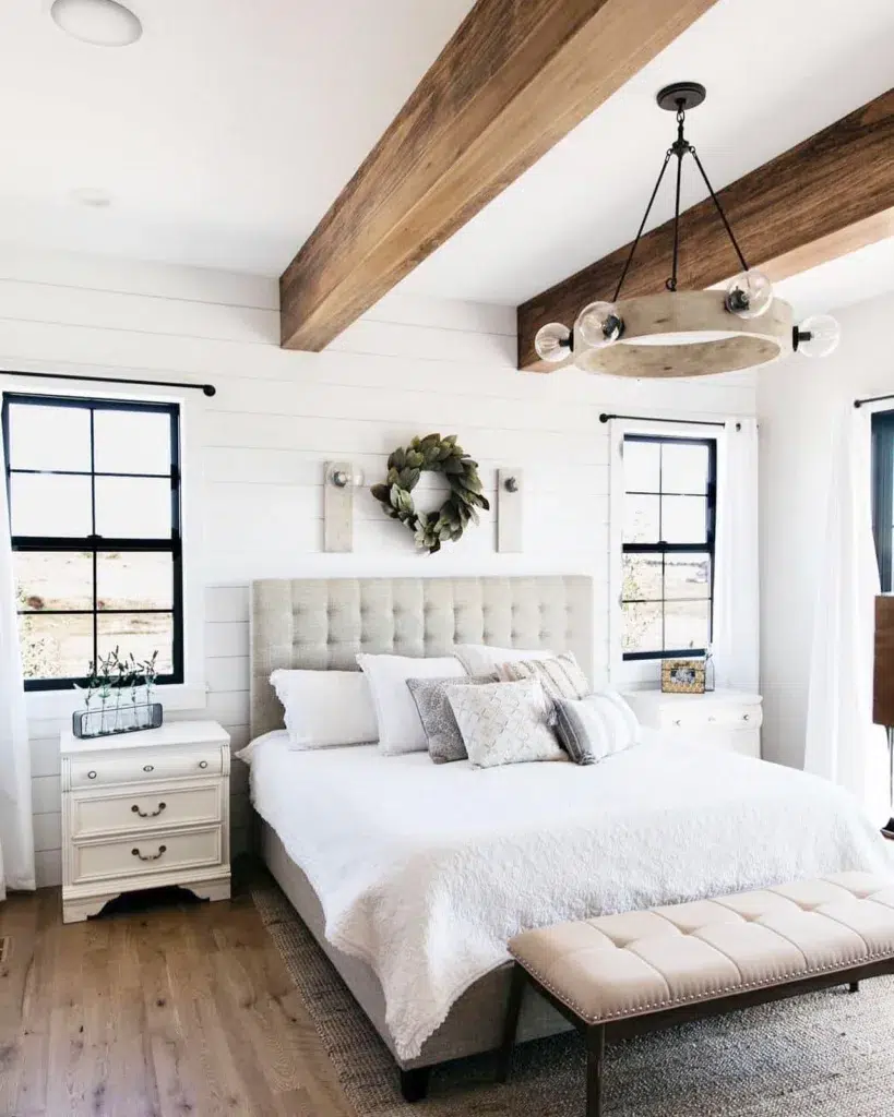 Wood Beams White Shiplap Bedroom