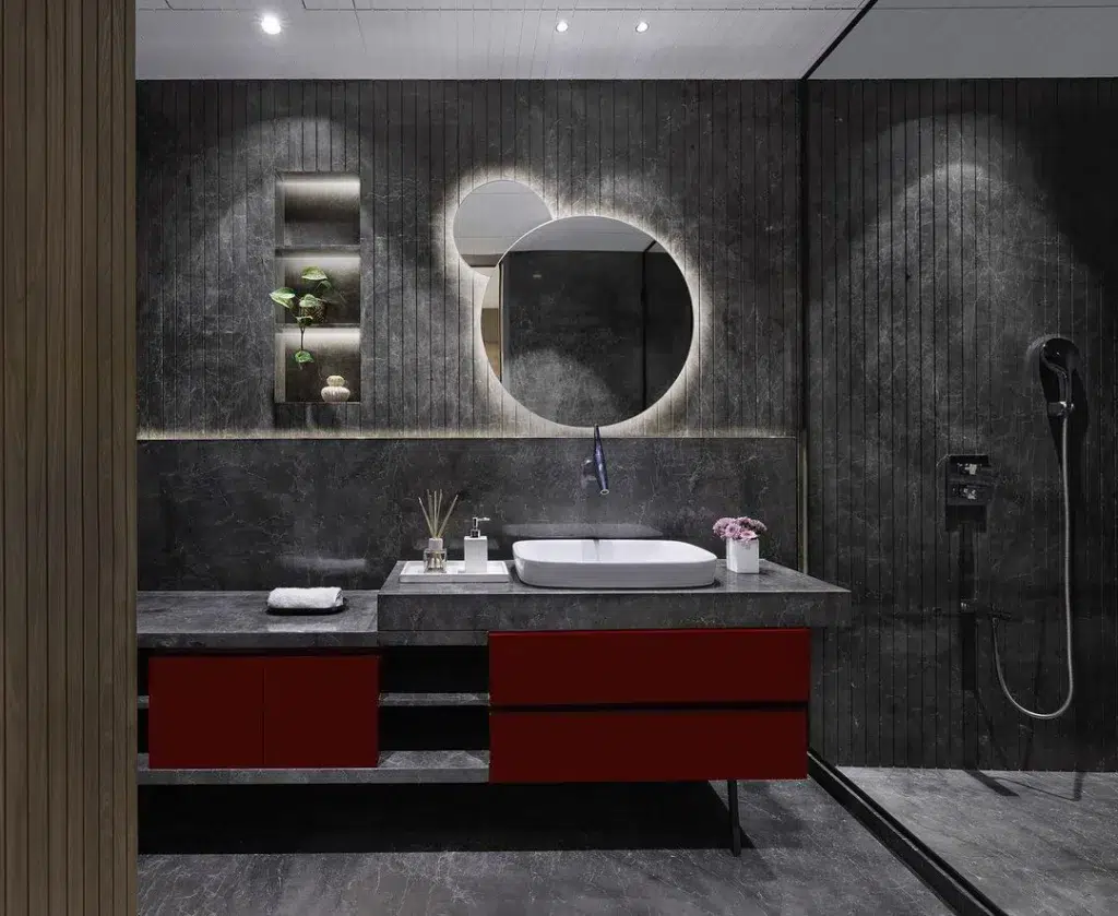 Minimal Bathroom Counter Decor On A Modern Grey And Red Vanity