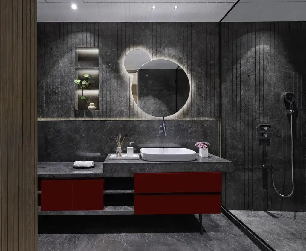 35 Bathroom Counter Decor Ideas 4 Minimal Bathroom Counter Decor On A Modern Grey And Red Vanity