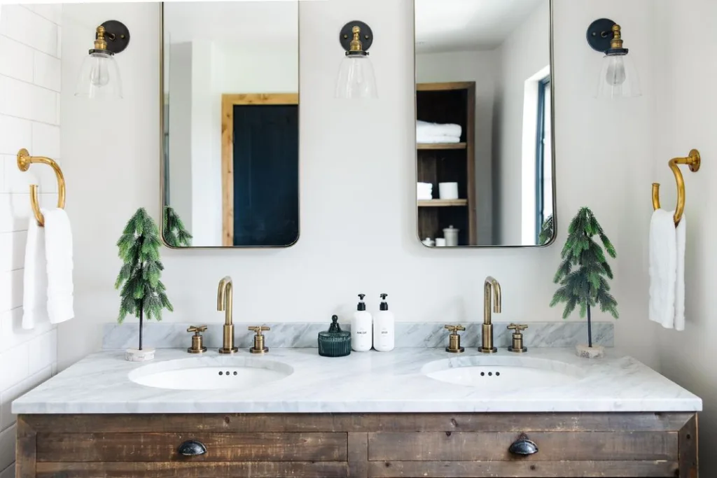 35 Bathroom Counter Decor Ideas 12 Christmas Decor On A Brown Wood Bathroom Vanity With Marble Top