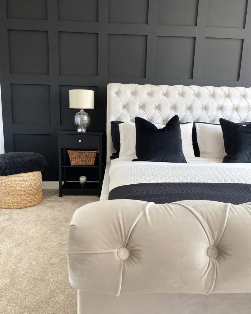 34 Black Accent Wall Ideas For Stunning Contrast 26 Thick Box Molding Behind A White Bed For Contrast With Black Pillows On The Bed To Match The Wall