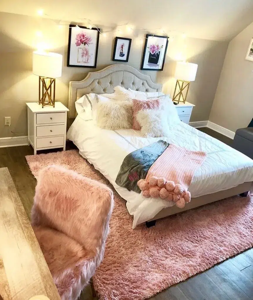 A Pink Rug Under The Bed For A White Comforter With A Beige Headboard