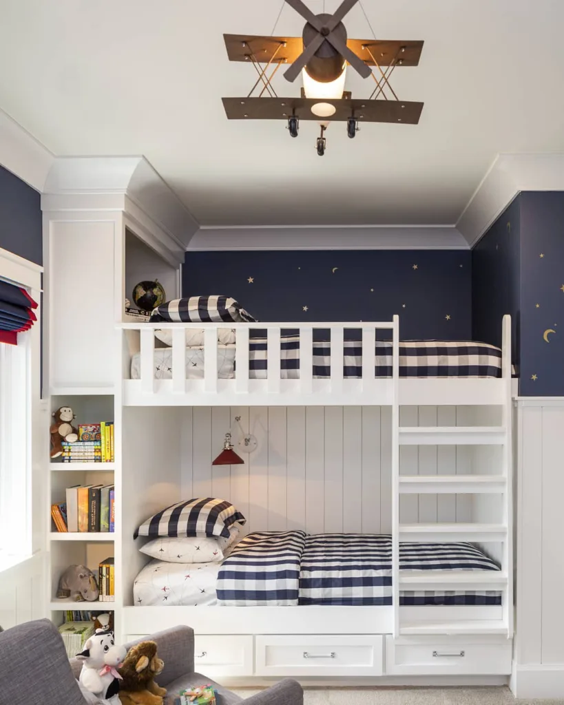 33 Built-In Bunk Beds To Upgrade Your Guest Rooms 31 Vertical Shiplap Behind A Bunk Bed