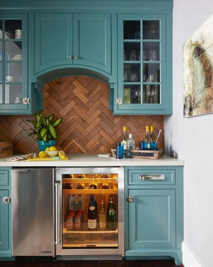 25 Teal Kitchen Cabinets Ideas 5 Teal Color Home Bar With Marble Slab And The Mirror Refrigerator In It.