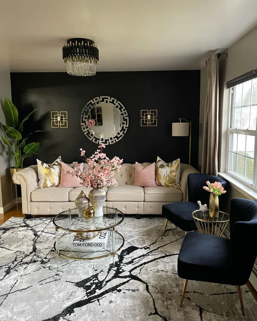 34 Black Accent Wall Ideas For Stunning Contrast 6 Matte Black Accent Wall With A Beige Couch And Blue Accent Chairs