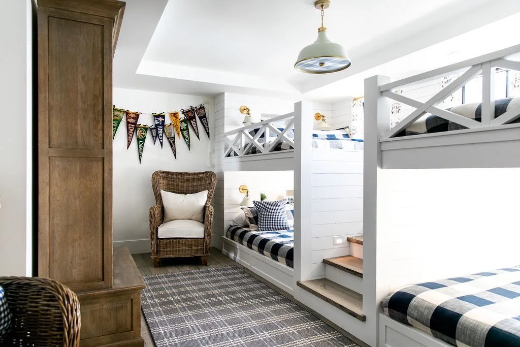 33 Built-In Bunk Beds To Upgrade Your Guest Rooms 2 Farmhouse Style Bunk Room Idea With Shiplap Accents