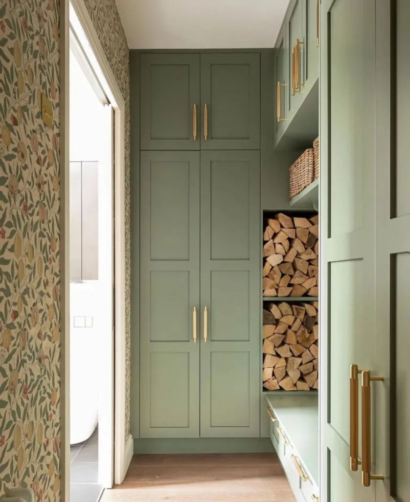 32 Floor To Ceiling Cabinets Ideas To Maximize Storage 9 Olive Green Cabinets With Wood Logs Stored On The Side Of A Bench