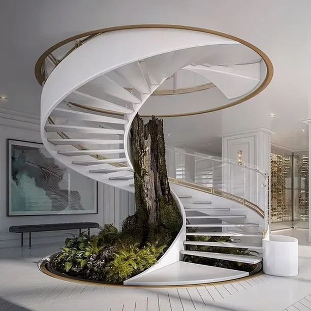 Glass Curved Staircase Aside With Tree And Green Plants