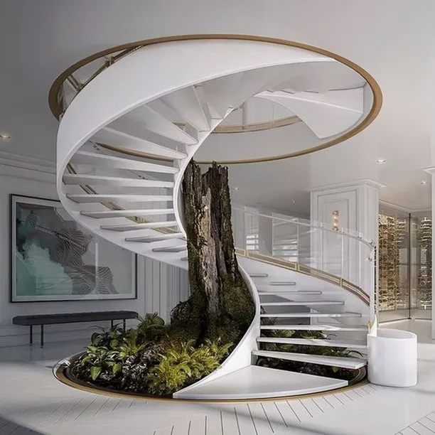 24 Curved Staircases For Design And Decor Inspiration 8 Glass Curved Staircase Aside With Tree And Green Plants