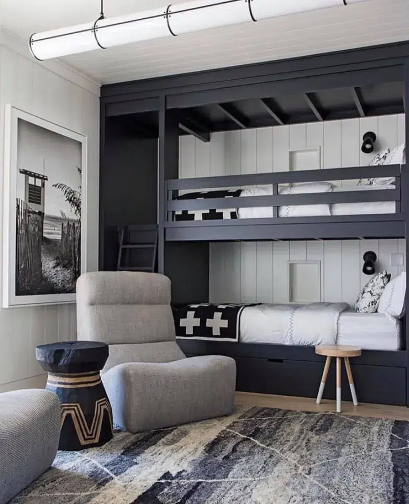 Navy Blue Built-In Bunk Beds With Vertical Shiplap