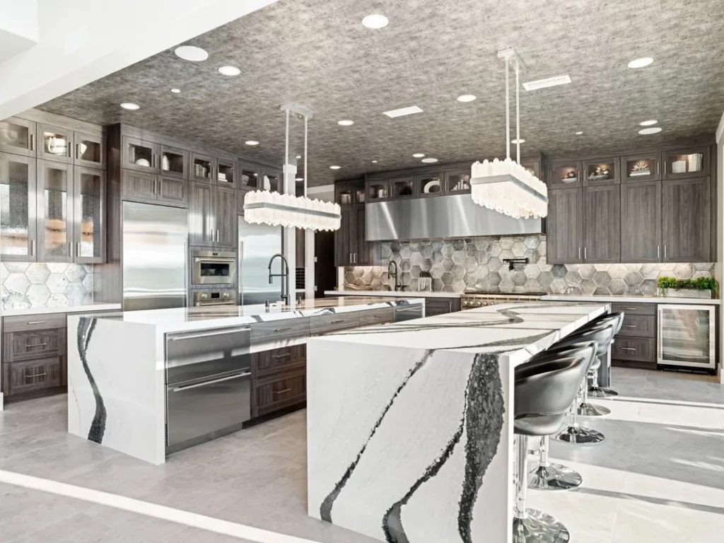 32 Waterfall Kitchen Island Ideas For Inspiration 30 Two Islands With Matching Marble Stone And Black Veining