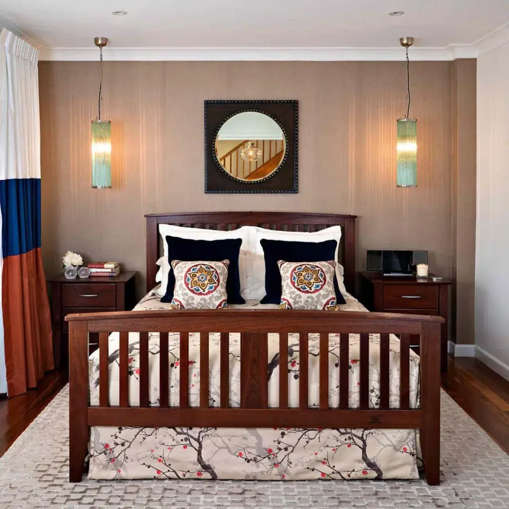 37 Rug Under Bed Ideas For A Stylish Bedroom 20 A Grey Mosaic Rug That Complements The Cherry Blossom Design On The Bed Comforter