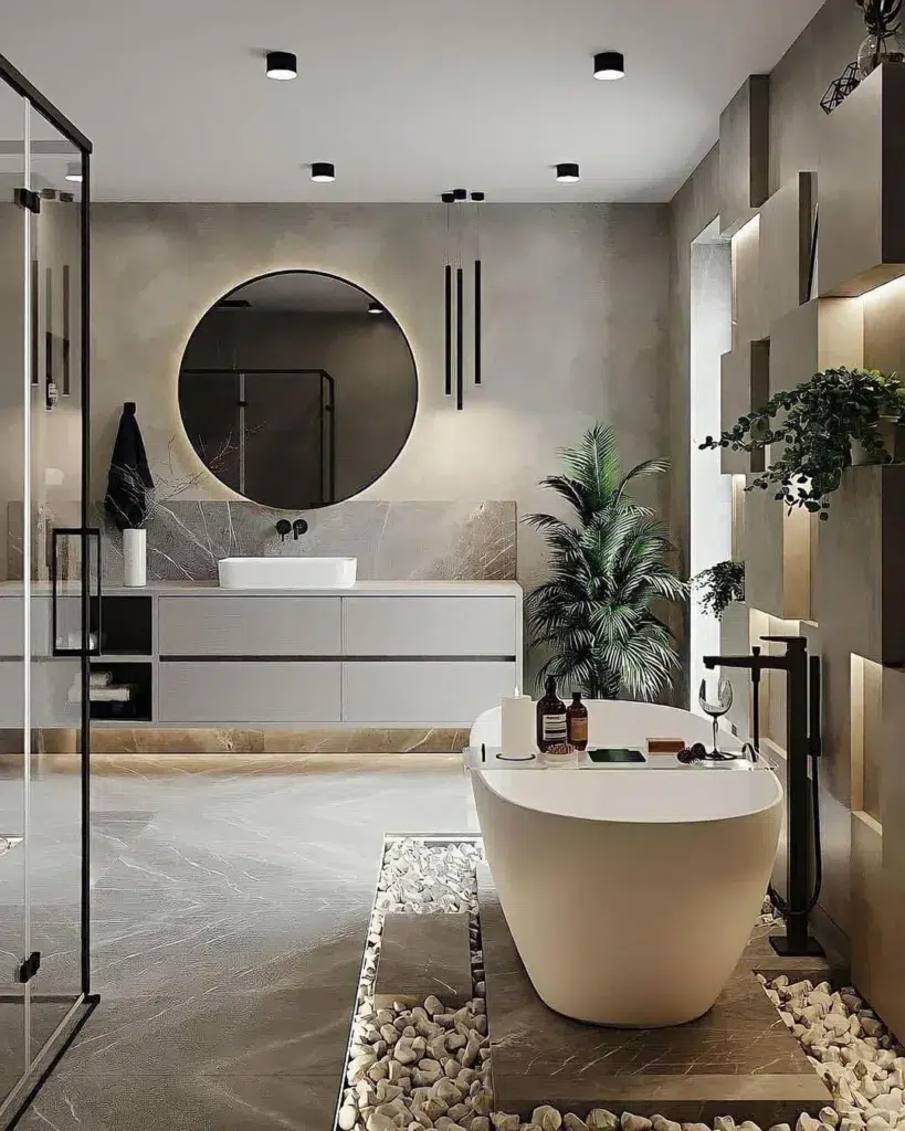 35 Bathroom Counter Decor Ideas 6 A Modern Bathroom With A Marble Vase That Matches The Sink And Bathtub