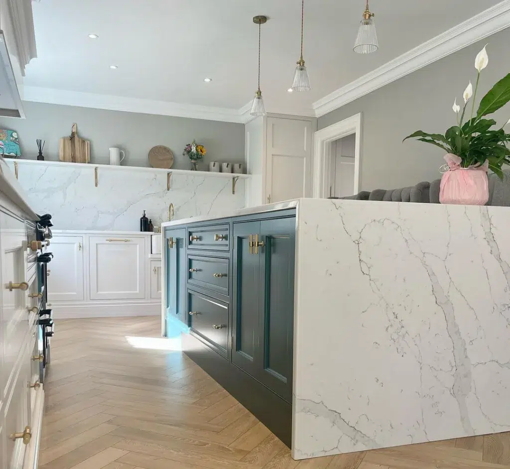 32 Waterfall Kitchen Island Ideas For Inspiration 27 Green Cabinets With A White Waterfall Countertop Edge
