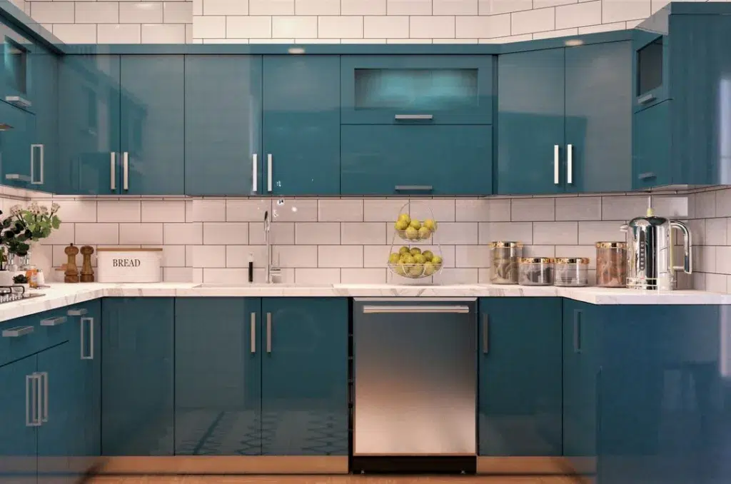 A Cozy Kitchen In Shades Of Teal, Featuring A White Subway Tile Backsplash