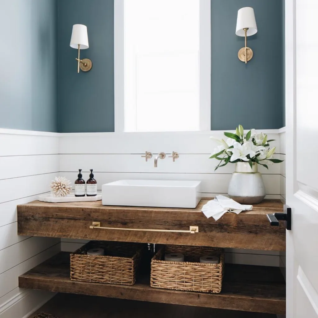 35 Bathroom Counter Decor Ideas 10 A Rustic Brown Farmhouse Bathroom With Flowers And Soap As Counter Decor