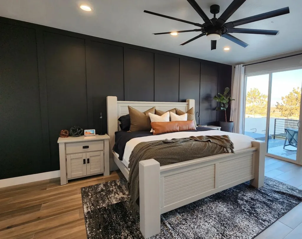 34 Black Accent Wall Ideas For Stunning Contrast 12 A Bedroom Black Wood Accent Wall With Thin Strips Running Vertically For Texture