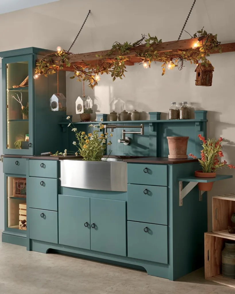 A Small Farmhouse Teal Kitchen With A Stainless Steel Sink