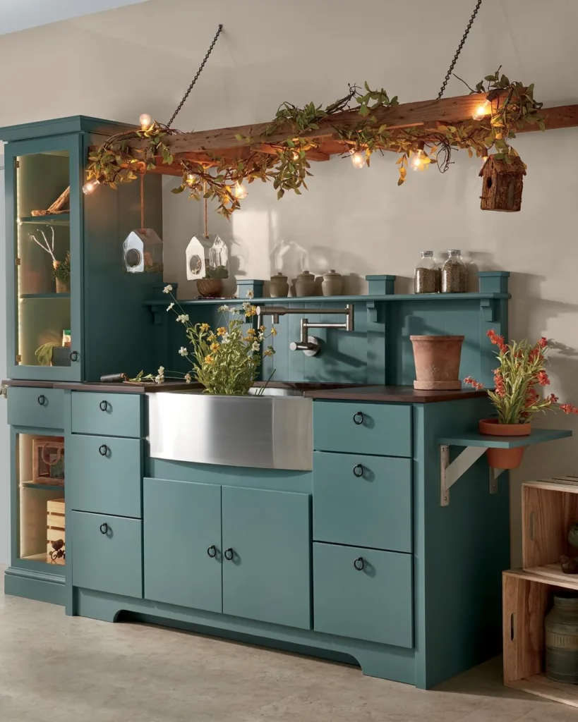 25 Teal Kitchen Cabinets Ideas 19 A Small Farmhouse Teal Kitchen With A Stainless Steel Sink
