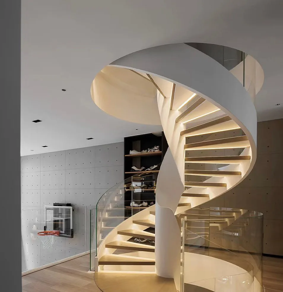 Glass Curved Stairs Idea That Leads To A Home Gym