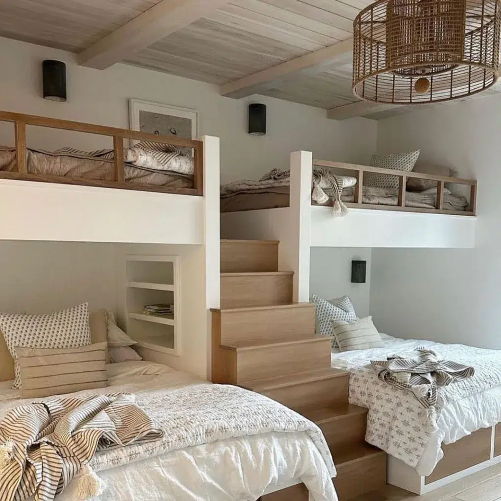 A Bunk Room With Four Bunk Beds Built-Into The Wall With White And Light Wood Accents