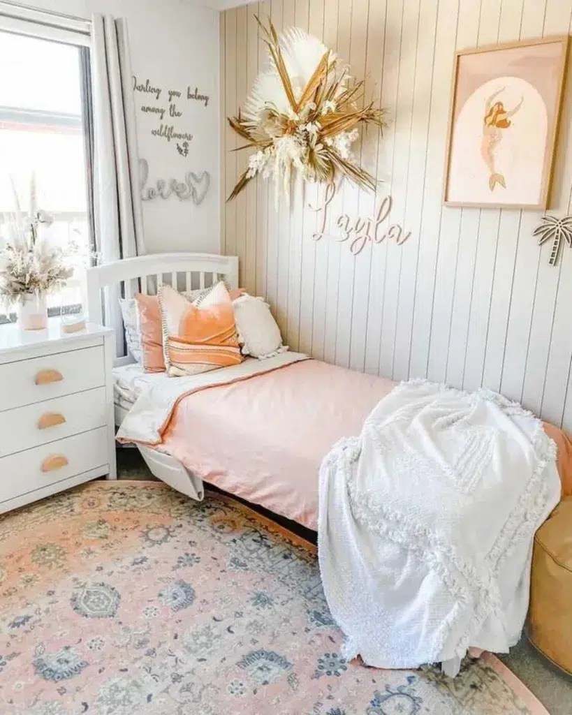 37 Rug Under Bed Ideas For A Stylish Bedroom 17 A Patterned Pink Rug In The Center Of A Girls Room With A Pink Bed And The Letters &Quot;Layla&Quot; On The Wall