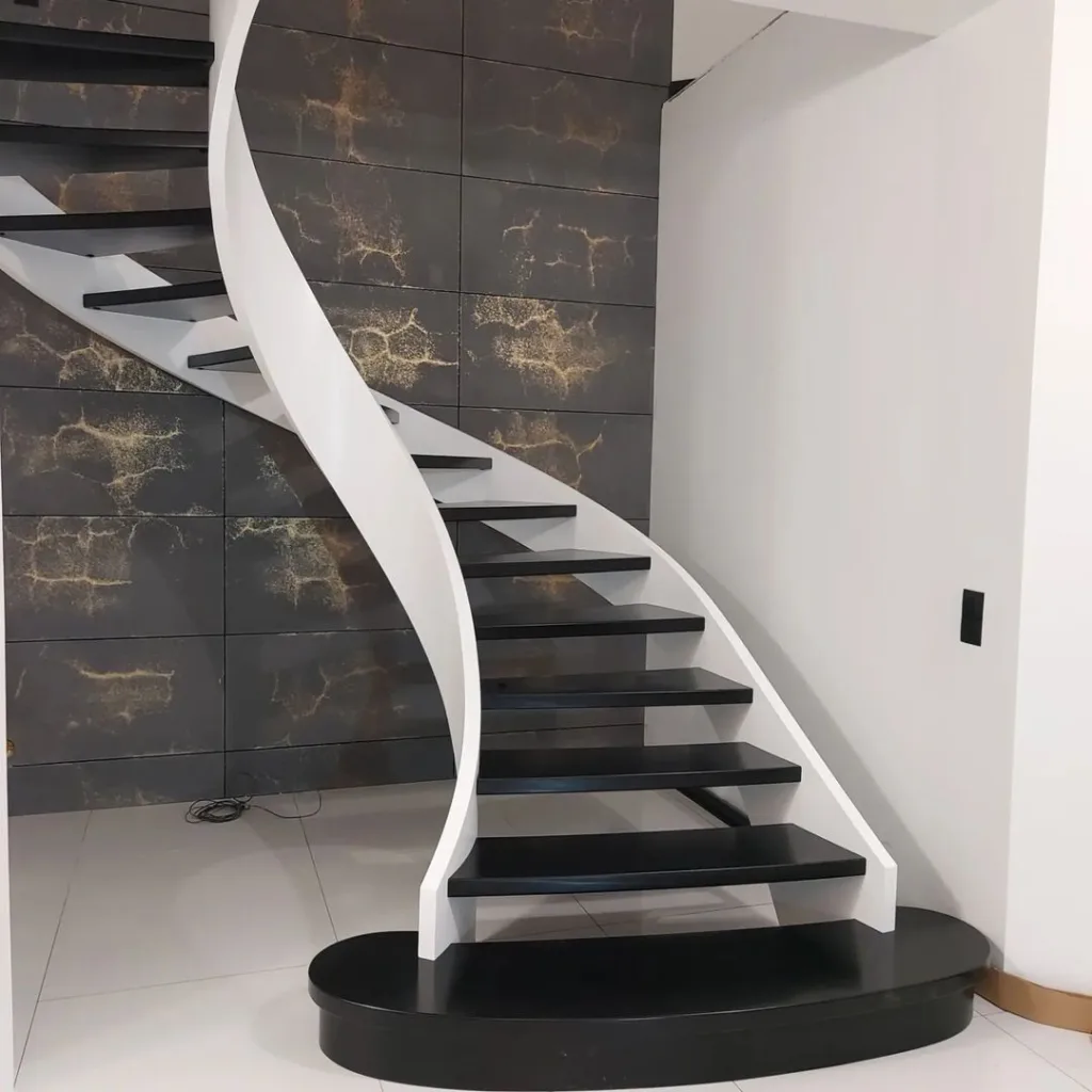 31 Black And White Stairs That Are Sure To Stun 9 Spiral Design Black And White Stairs. Fully White Railing And Full Black Step With Palain White Wall
