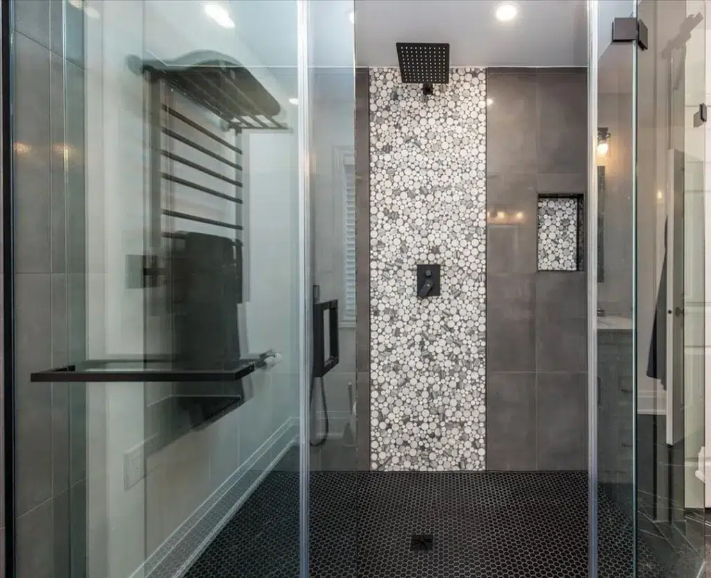 38 Bathrooms With Hexagon Tile Floors 38 Black Small Hexagon Tiles On The Bathroom Floor With A Glass Partition For The Bathing Area. Dark Brown Tiles Are Used On The Bathroom Walls.