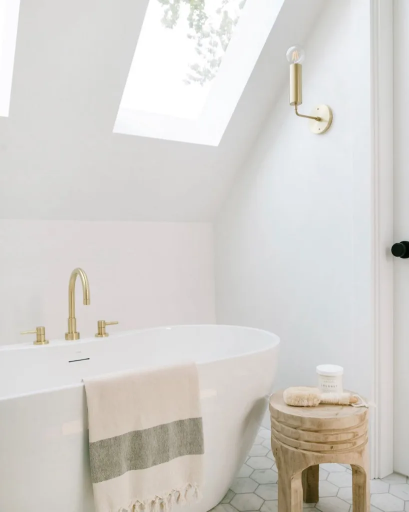 38 Bathrooms With Hexagon Tile Floors 33 White Wall With White Hexagon Floor Tiles With White Tub And The Wooden Table Is There